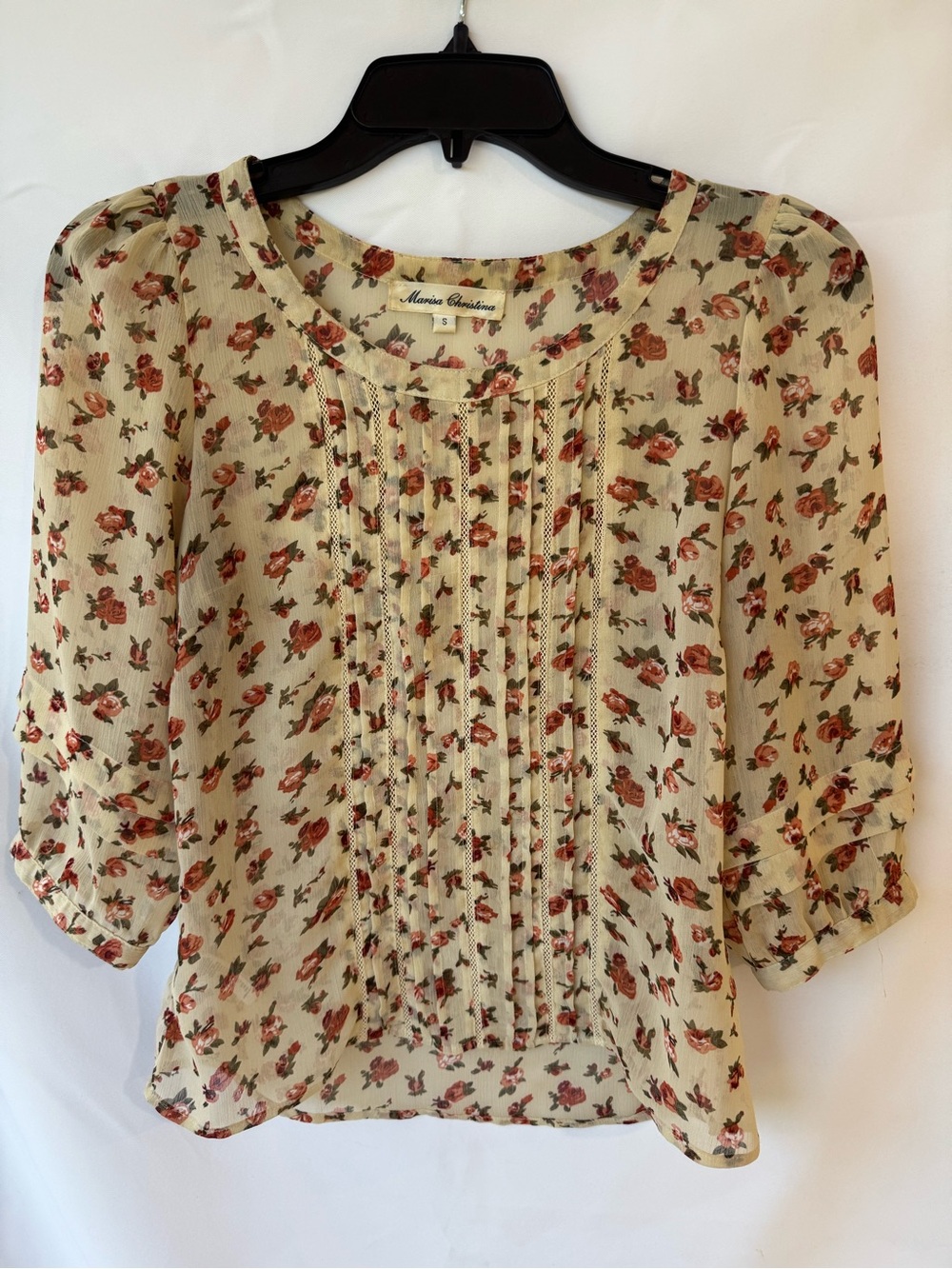 Marisa Christina Cream Sheer Floral Pintuck Blouse with Red Rose Print